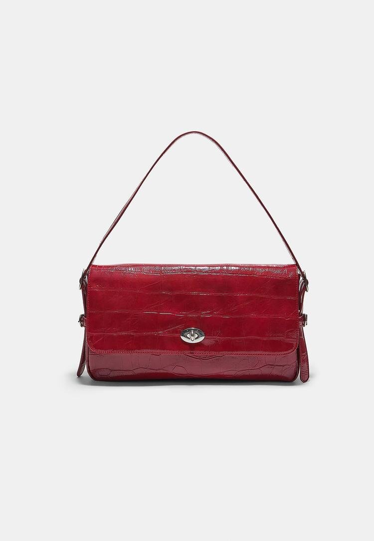 Stradivarius Geantă De Umăr Maxi Cu Presaj Piele De Crocodil Roșu Os