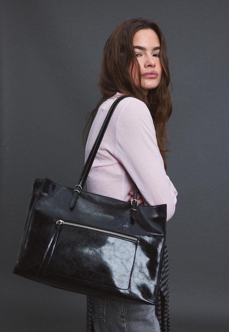 Stradivarius Geantă Shopper Cu Fermoare Și Imitație De Piele Negru Os