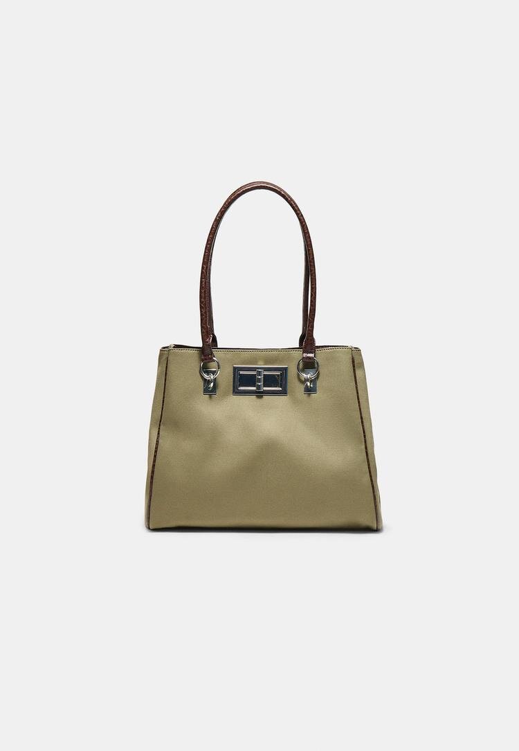 Stradivarius Geantă Shopper Cu Închidere Metal Kaki Os