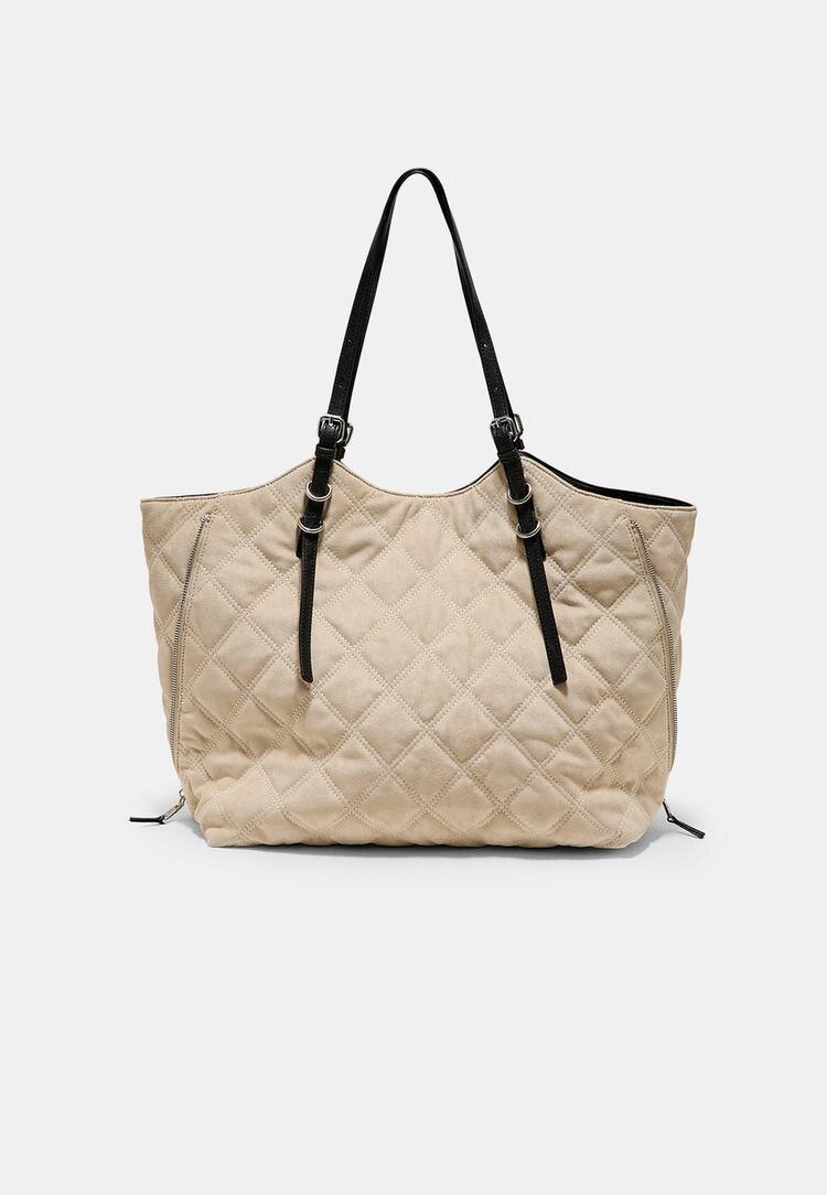 Stradivarius Geantă Shopper De Umăr Matlasată Imitație Piele De Căprioară Ecru Os