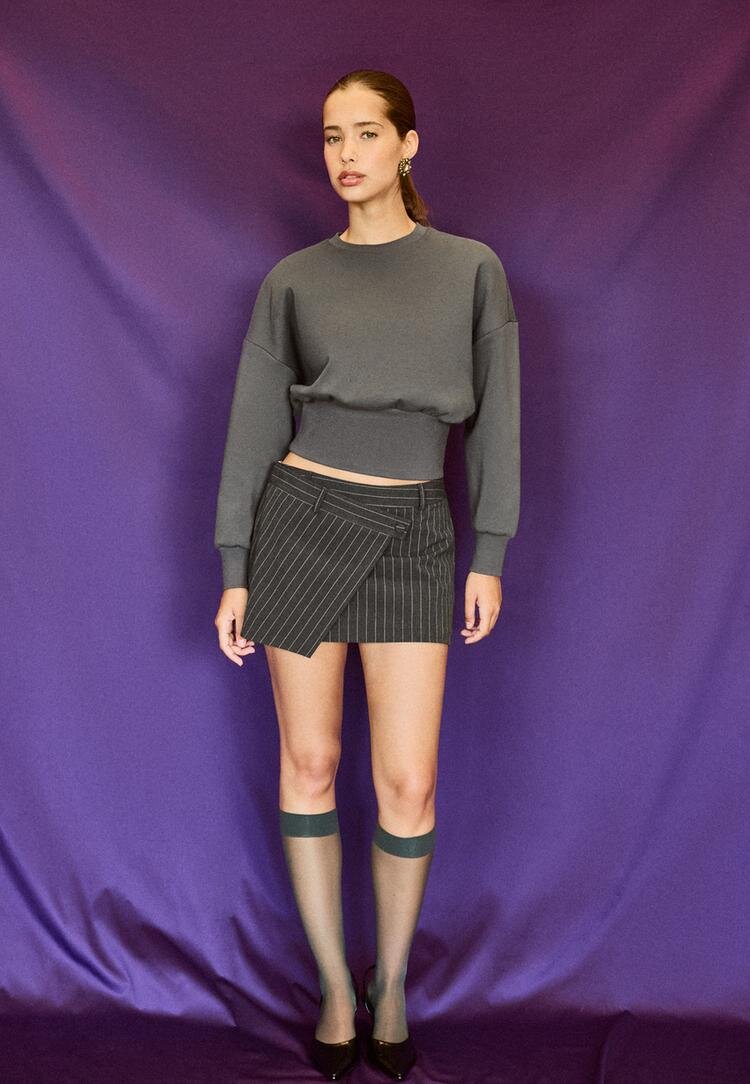 Stradivarius Hanorac Cropped Cu Betelie Lată Gri Închis Xl