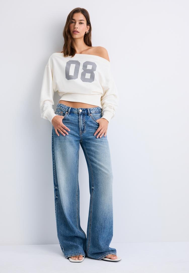 Stradivarius Hanorac Cropped Cu Decolteu Bărcuță Ecru M