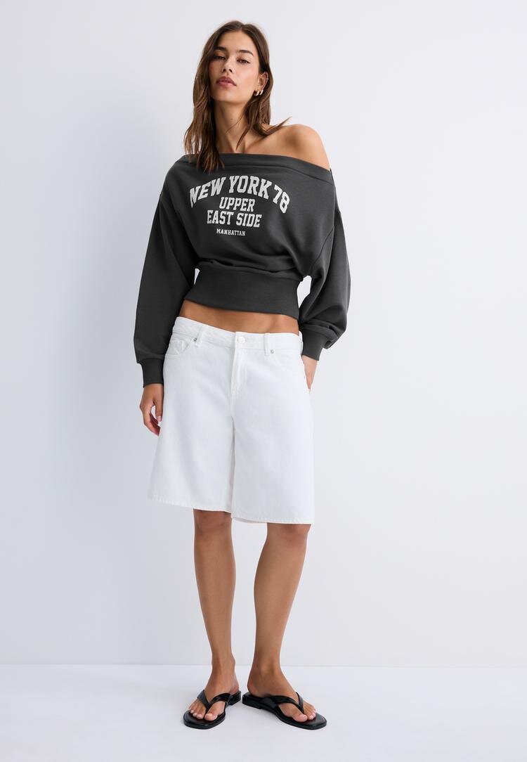 Stradivarius Hanorac Cropped Cu Decolteu Bărcuță Gri Închis S