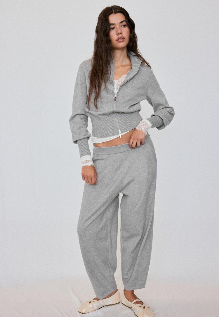 Stradivarius Jachetă Din Tricot Fitted Cu Fermoar Gri Melanj L