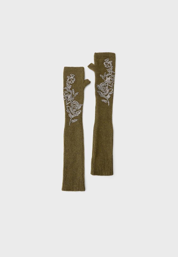 Stradivarius Mănuși Fără Degete Cu Mărgele Kaki Os