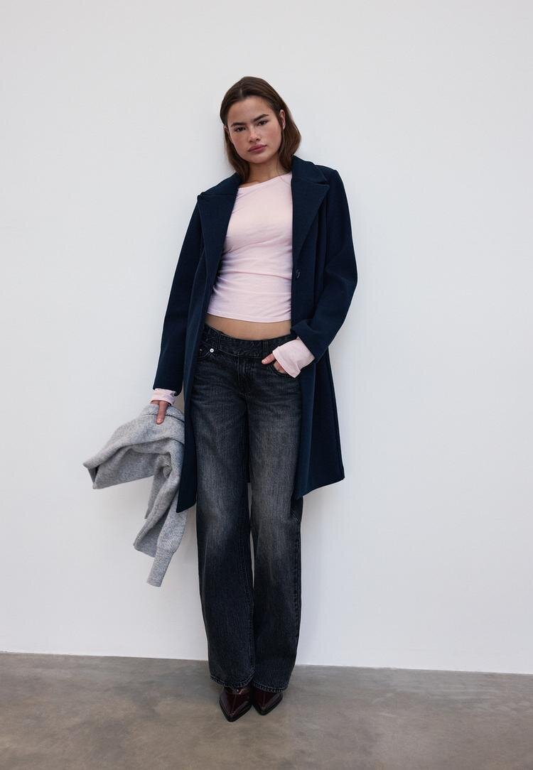Stradivarius Palton Drept Cu Textură Fină Bleumarin Închis Xs