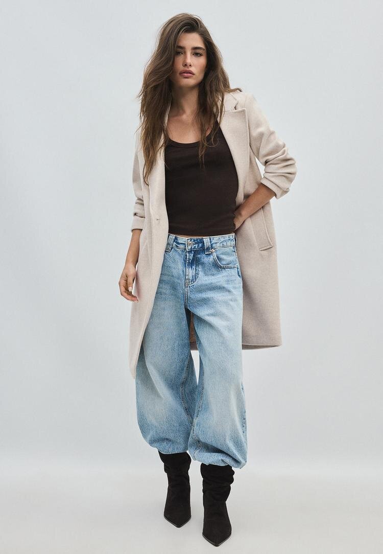 Stradivarius Palton Midi Din Tricot Ecru Xl