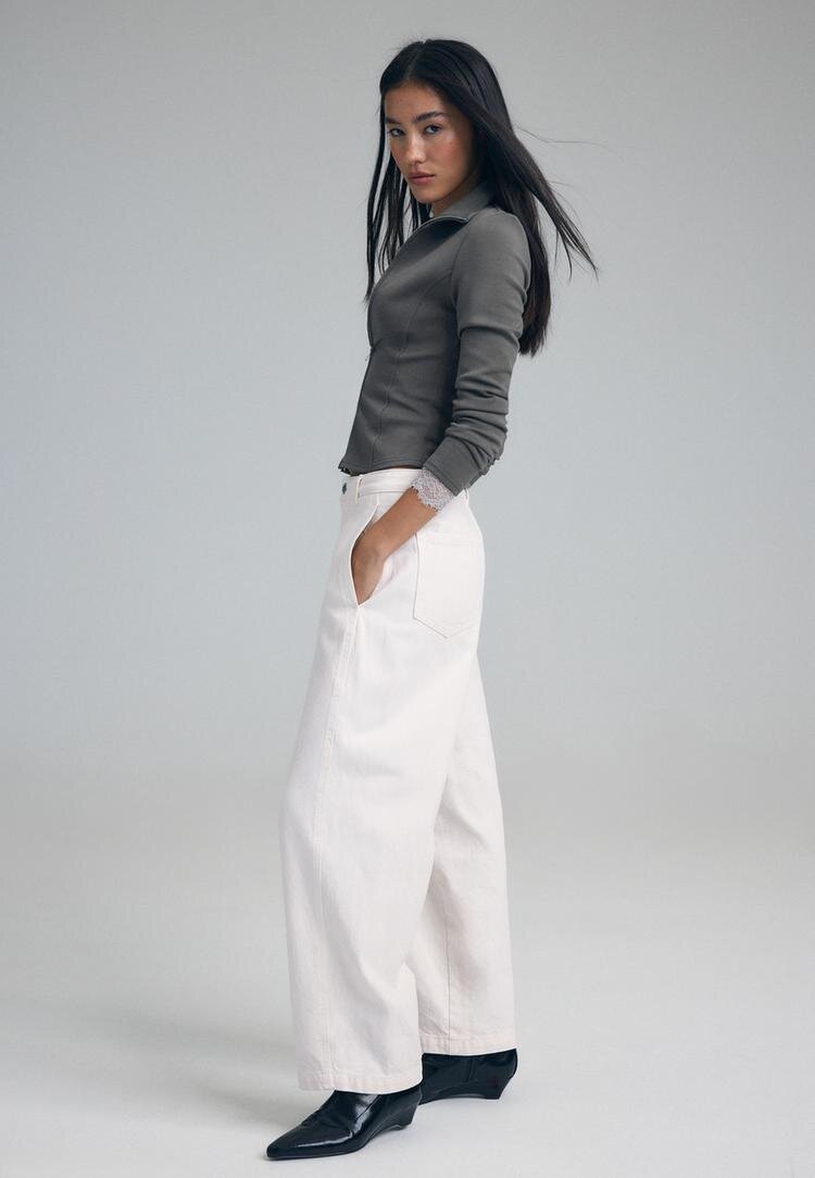 Stradivarius Pantaloni Barrel 100% Bumbac Vanilie 44