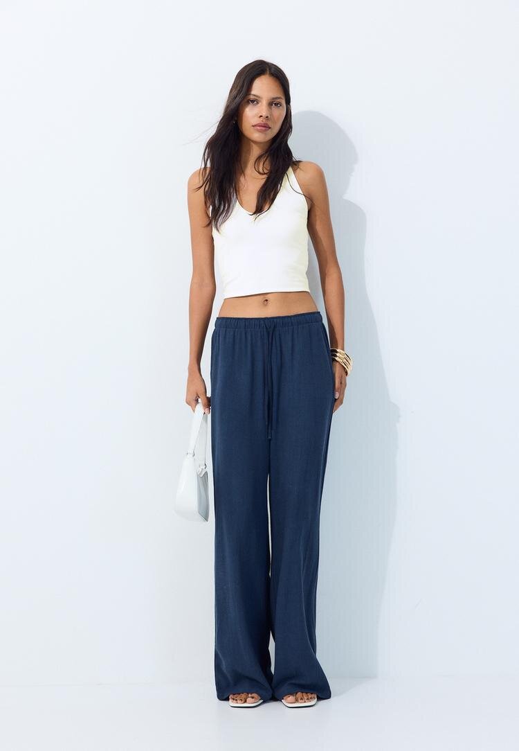 Stradivarius Pantaloni Drepți Cu Efect De In Bleumarin Închis Xl