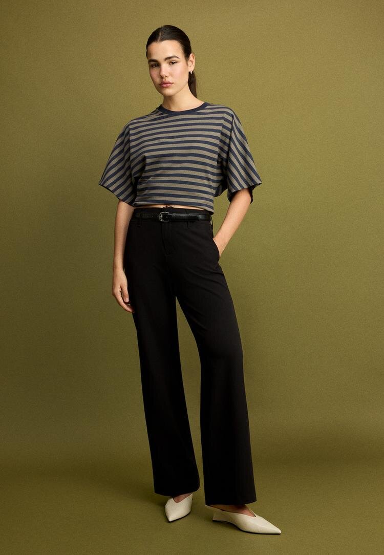 Stradivarius Pantaloni Drepți Eleganți Cu Cordon Negru 42