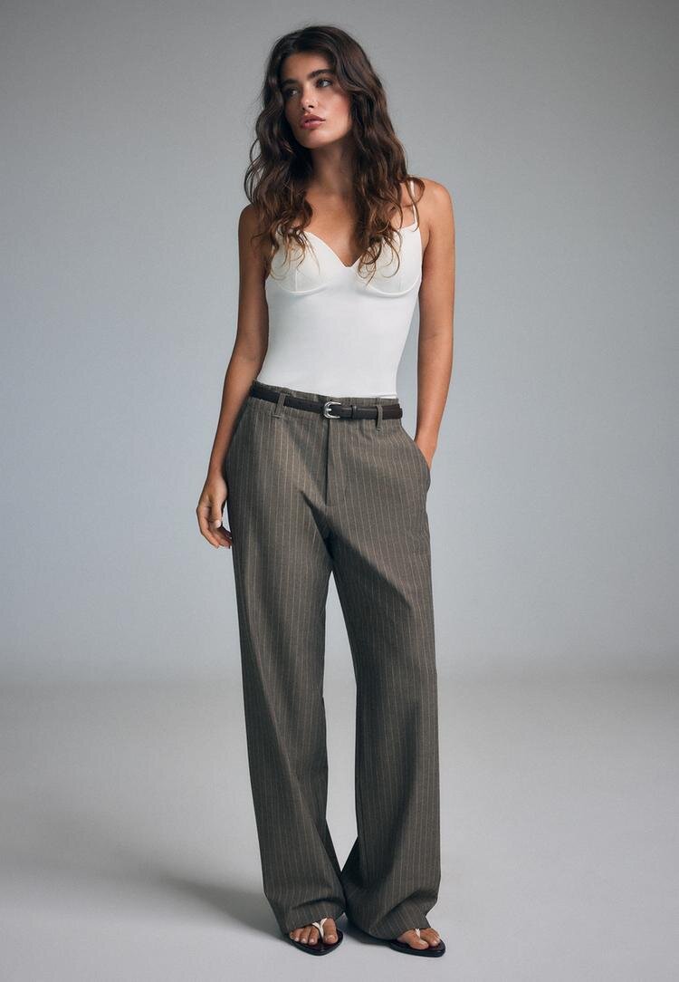Stradivarius Pantaloni Drepți Fluizi Cu Dungi Albastru Spălat 44