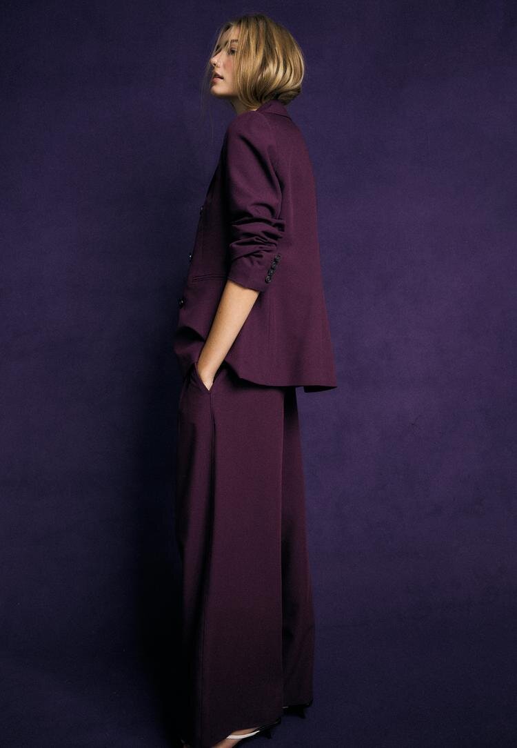 Stradivarius Pantaloni Eleganți Wide Leg Cu Nasturi Reglabili Purpuriu 38