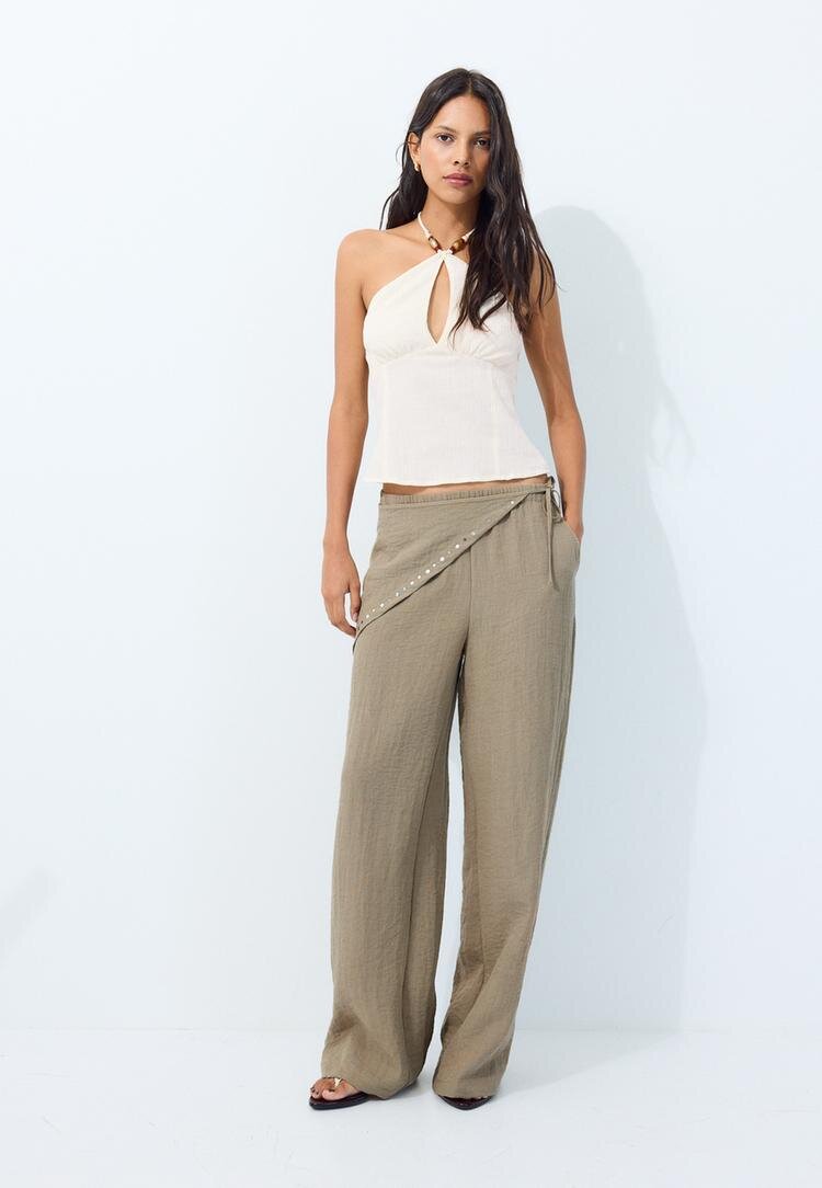 Stradivarius Pantaloni Fluizi Cu Eșarfă Piatră Xl