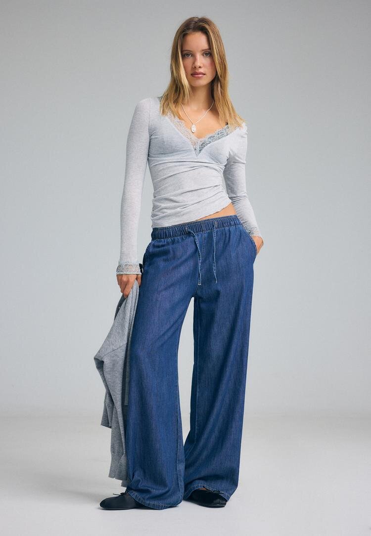 Stradivarius Pantaloni Fluizi Din Denim Cu Șnur Albastru Închis S