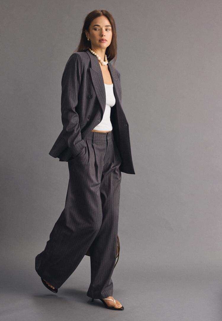Stradivarius Pantaloni Wide Cu Imprimeu Cu Dungi Gri 34