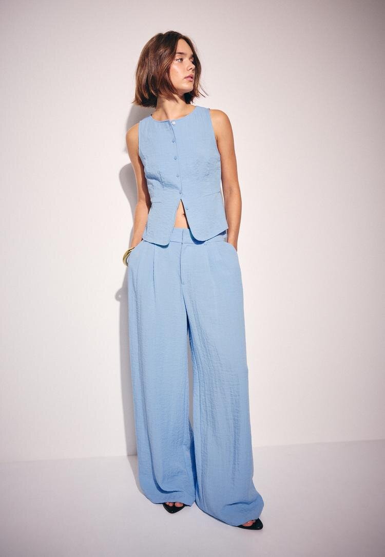 Stradivarius Pantaloni Wide Reglabili Cu Nasturi Aspect Rustic Albastru 38