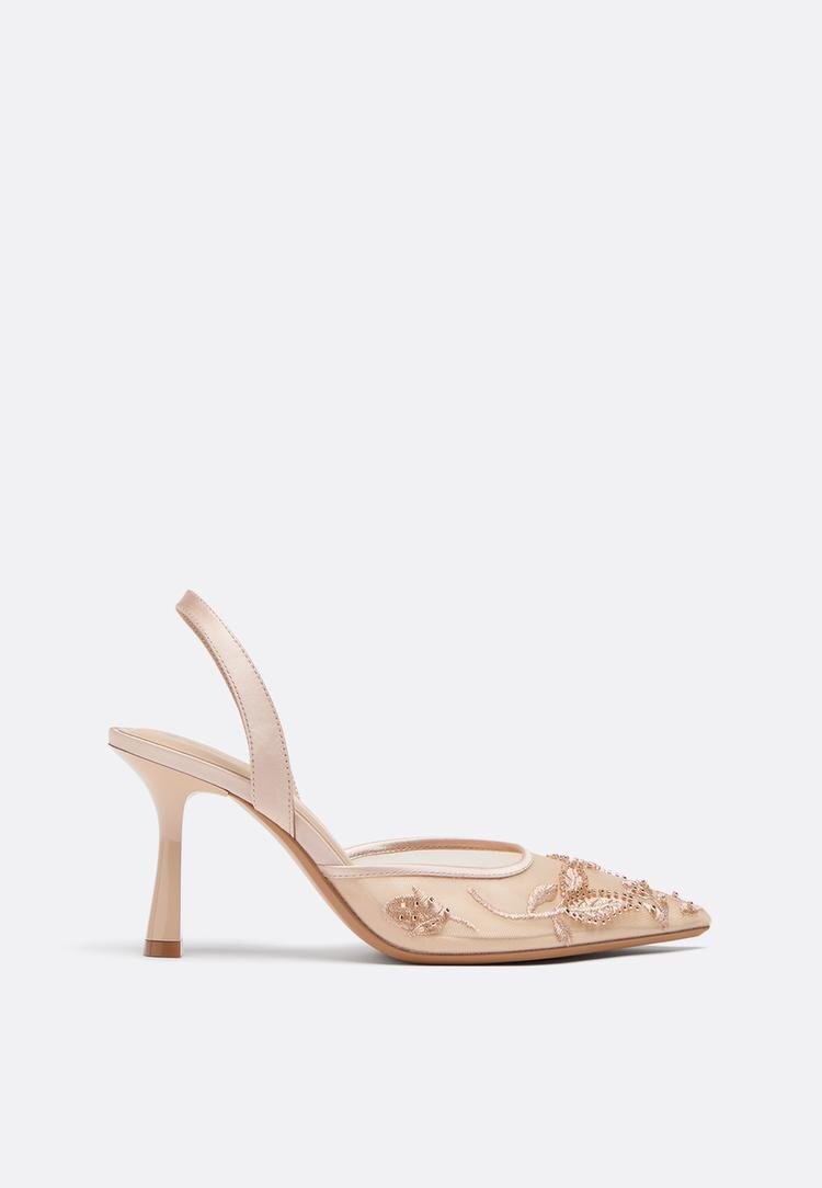 Stradivarius Pantofi Cu Toc Din Plasă Cu Pietricele Bej 38