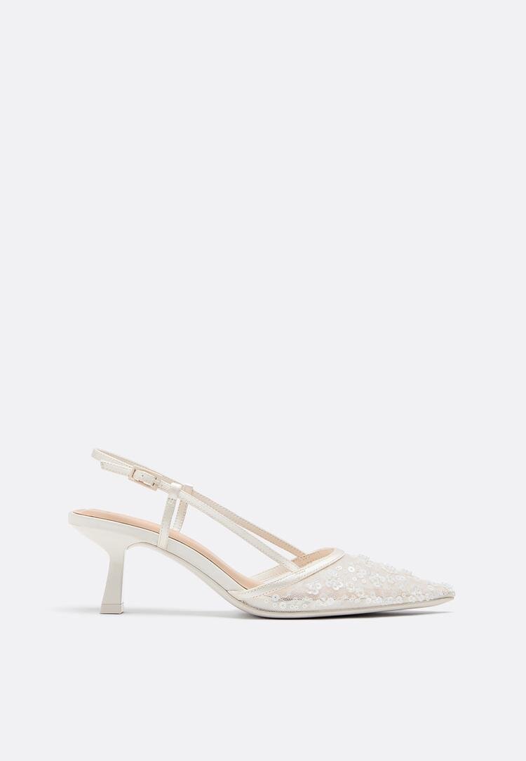 Stradivarius Pantofi Cu Toc Kitten Din Plasă Cu Pietricele Bej 39