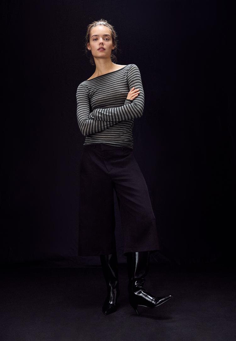 Stradivarius Pulover Basic Din Lână Și Mătase Cu Decolteu Bărcuță Și Dungi Gri Marengo Xl