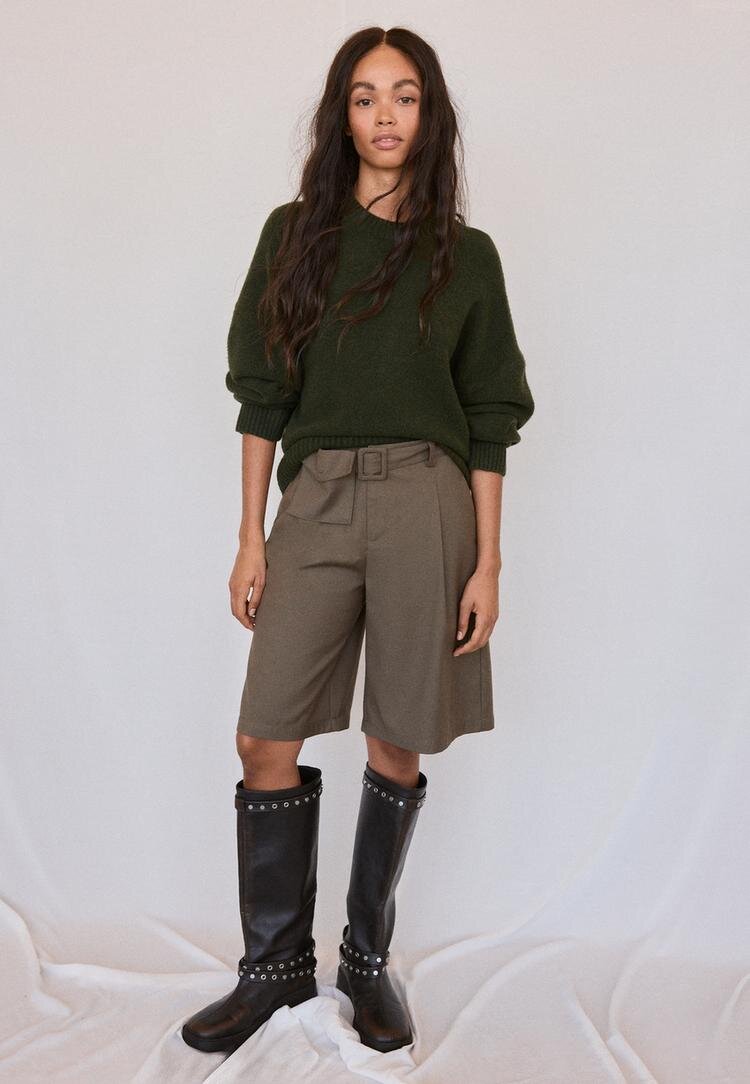 Stradivarius Pulover Basic Din Tricot Fin La Atingere Kaki Xl