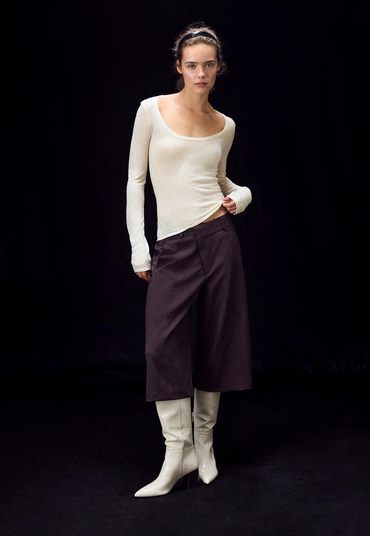 Stradivarius Pulover Basic Lână Mătase Guler Rotund Vanilie M