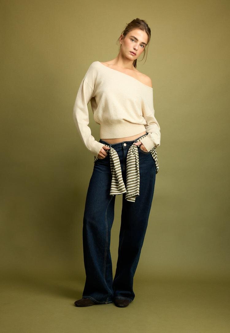 Stradivarius Pulover Din Tricot Asimetric Piatră L