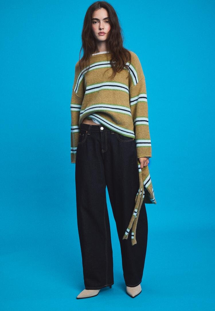 Stradivarius Pulover Din Tricot Cu Eșarfă Verde Măsliniu M