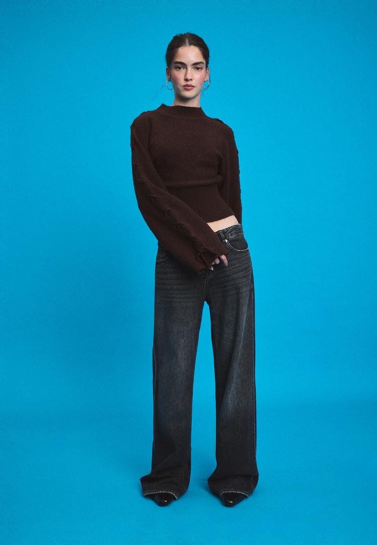 Stradivarius Pulover Din Tricot Cu Fundă La Mâneci Maro Xl