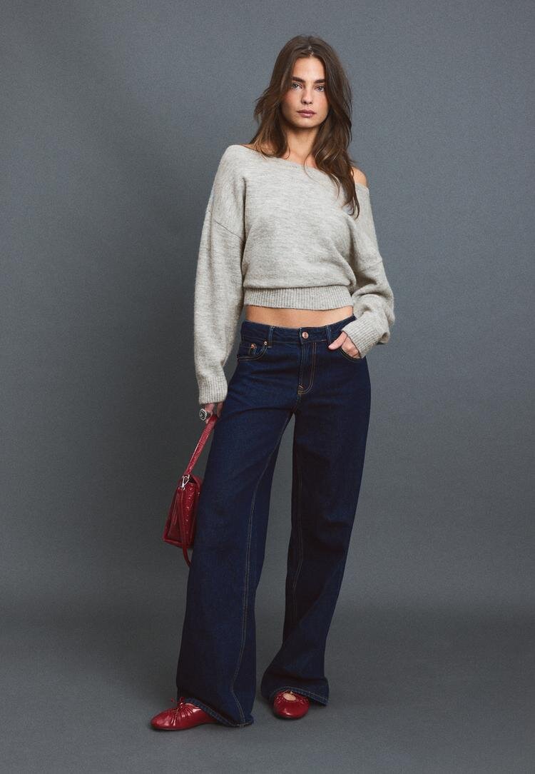 Stradivarius Pulover Din Tricot Cu Guler Bărcuță Gri Melanj M