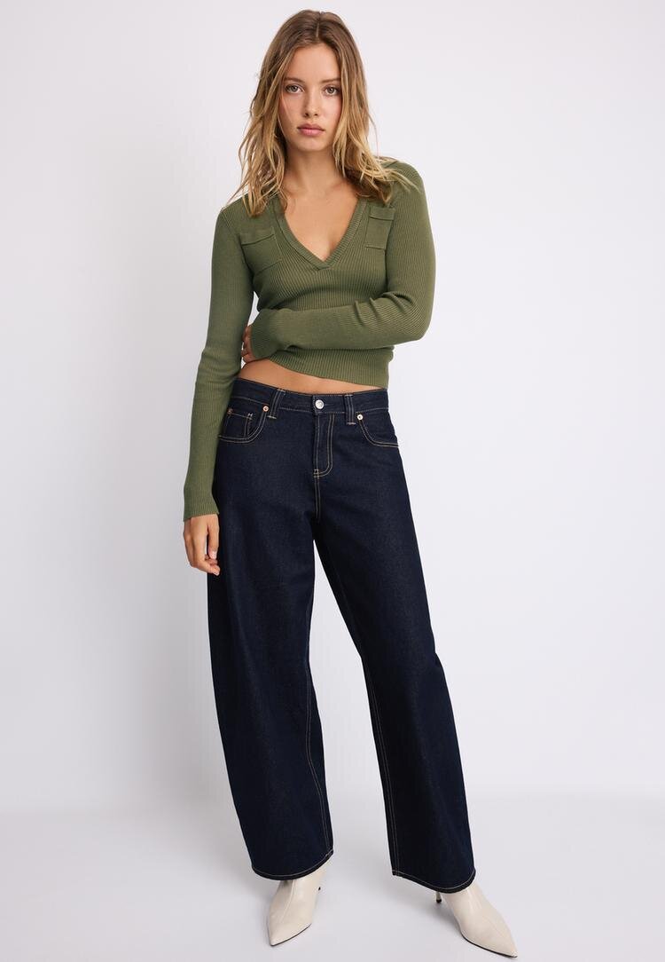 Stradivarius Pulover Din Tricot Cu Guler Polo Și Buzunare Kaki L