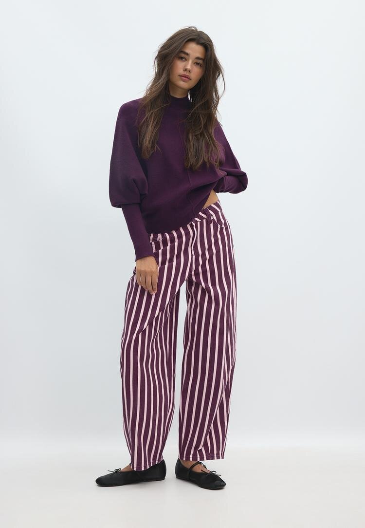 Stradivarius Pulover Din Tricot Cu Mânecă Liliac Și Guler Perkins Purpuriu Închis Xs