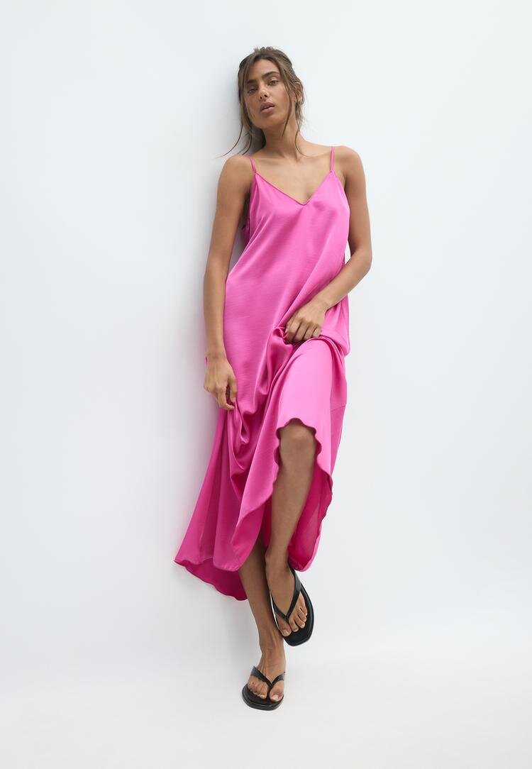 Stradivarius Rochie Lungă Fluidă Cu Efect Satinat Fucsia S