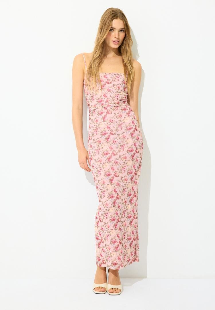 Stradivarius Rochie Midi Cu Bretele Fronseu Și Imprimeu Roz Pastel M
