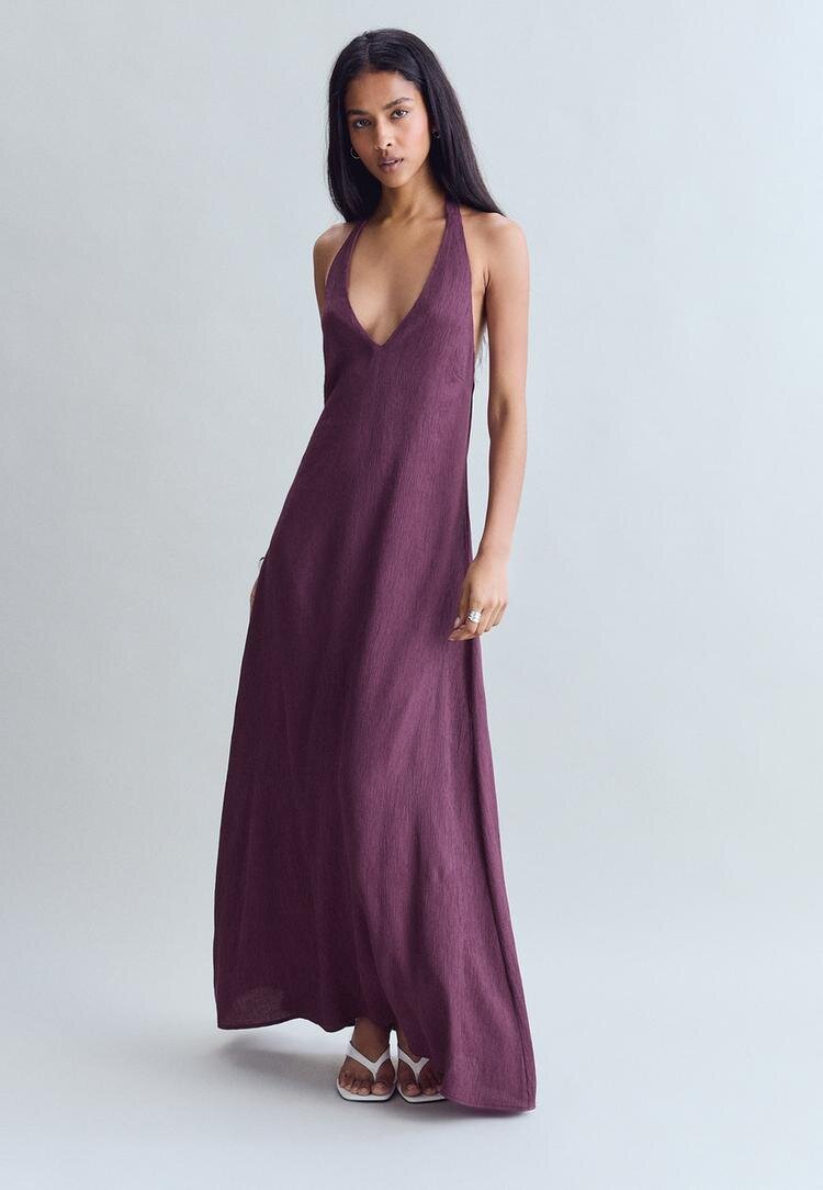 Stradivarius Rochie Midi Cu Textură Și Halter Purpuriu S