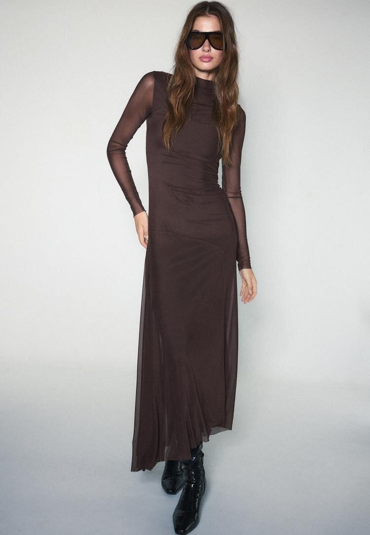 Stradivarius Rochie Midi Din Tul Cu Mânecă Lungă Maro M