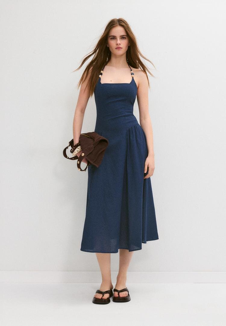 Stradivarius Rochie Midi Halter Cu Detaliu Cu Mărgele Marine L