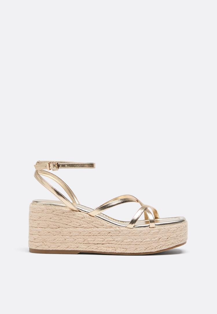Stradivarius Sandale Cu Platformă Din Iută Și Barete Aur 40