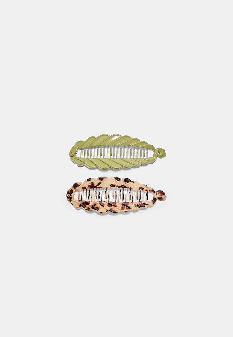 Stradivarius Set 2 Cleme De Blană Tip Banană Ondulate Kaki Os
