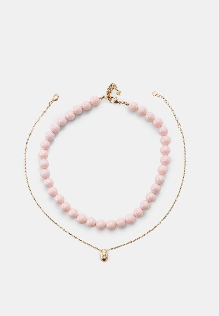Stradivarius Set 2 Coliere Cu Mărgele Roz Pastel Os
