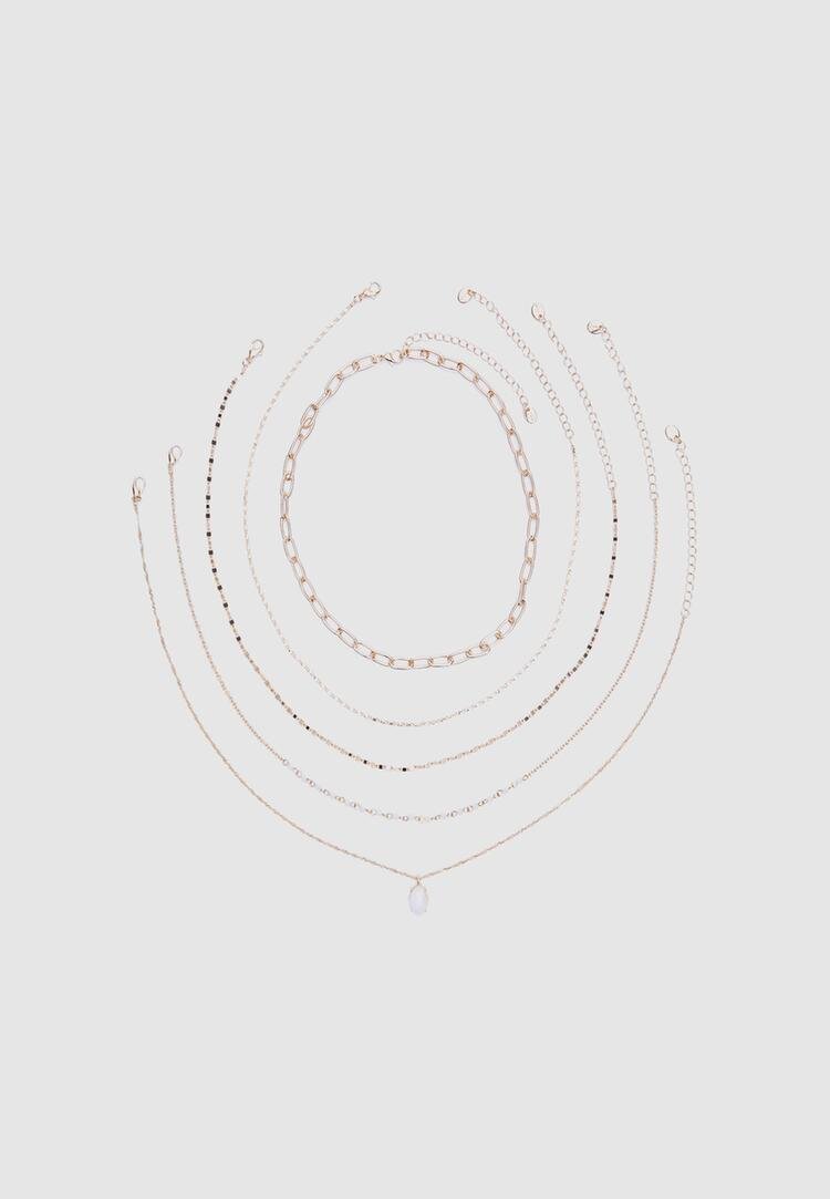 Stradivarius Set 5 Coliere Cu Charm Și Piatră Roz Auriu Os
