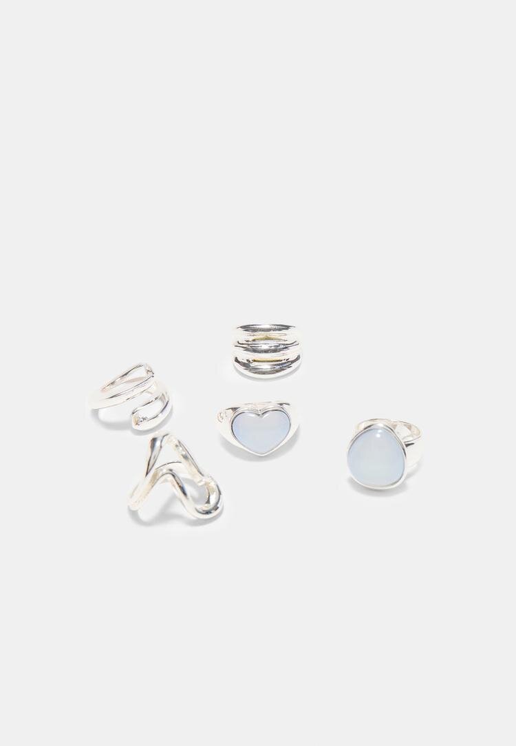 Stradivarius Set 5 Inele Cu Inimioare Gri Os