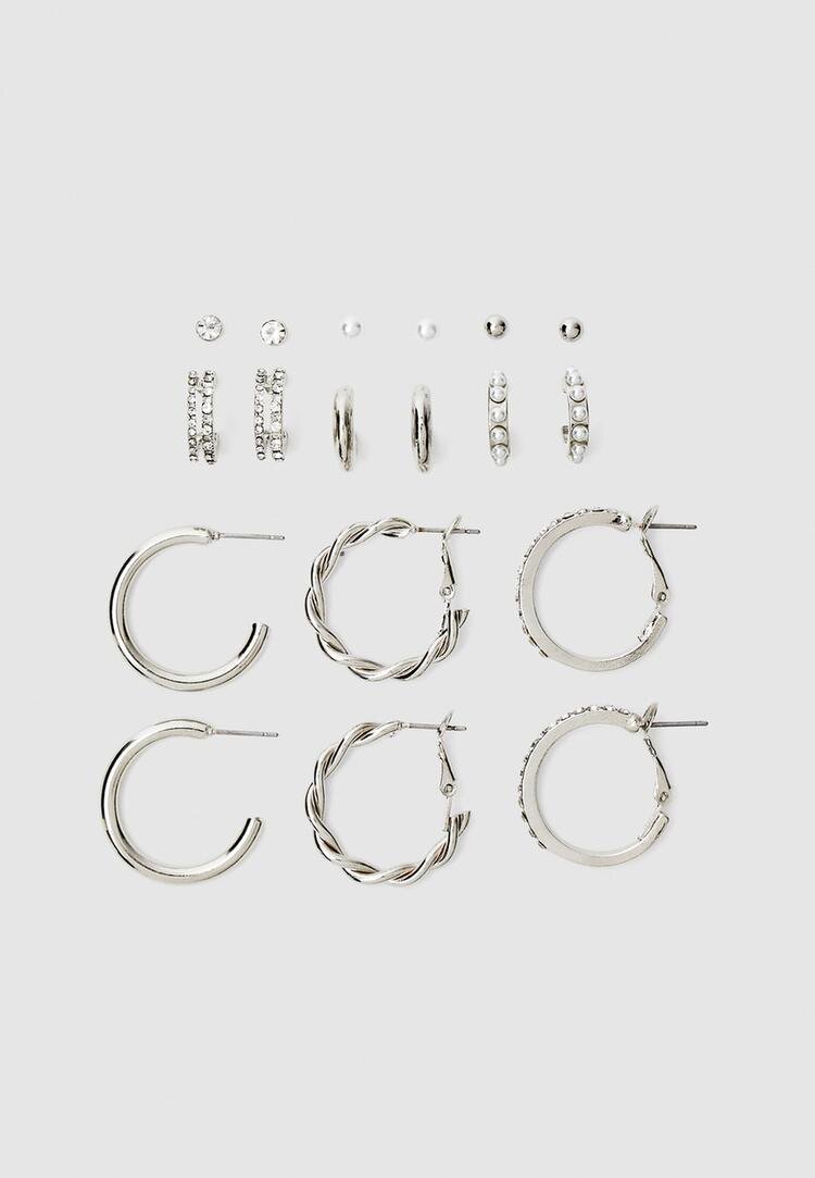 Stradivarius Set 9 Cercei Creole Cu Sclipici Și Perle False Gri Os