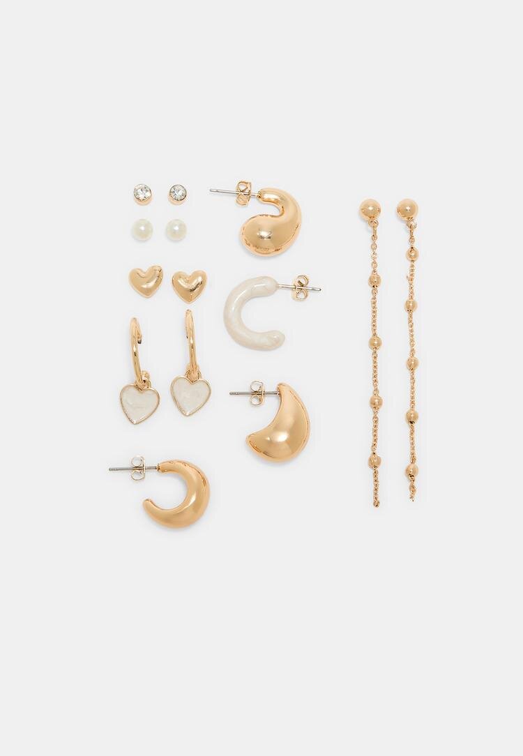 Stradivarius Set 9 Perechi Cercei Inimă Și Creole Alb Os
