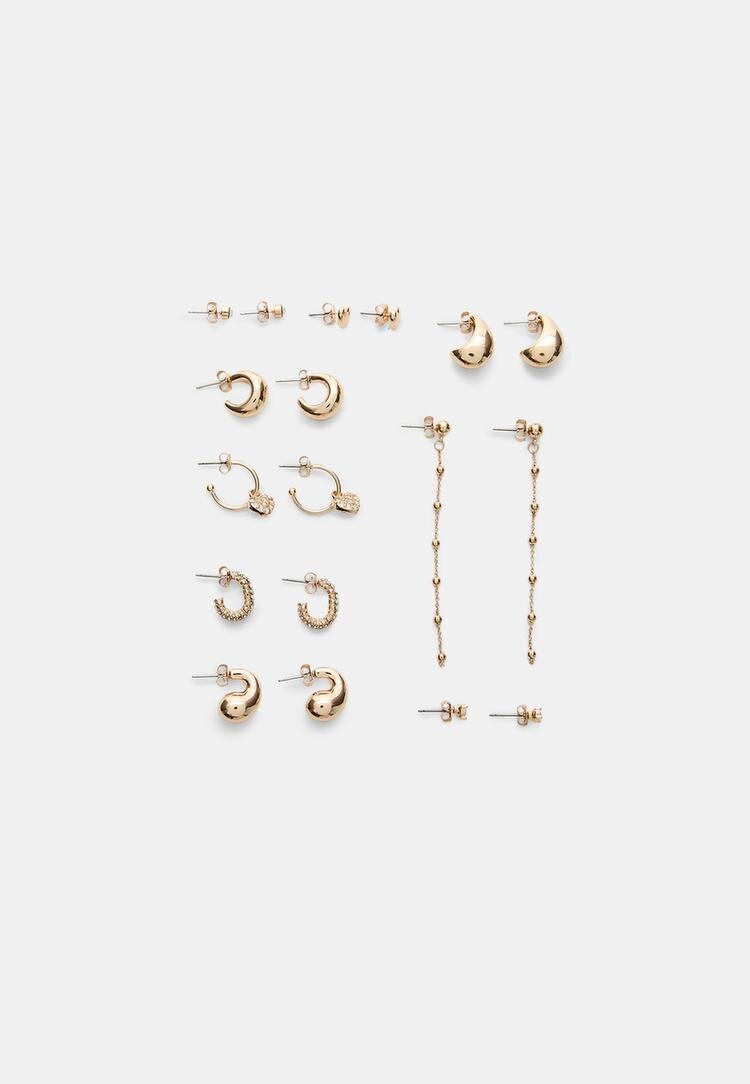 Stradivarius Set 9 Perechi Cercei Inimă Și Creole Auriu Os