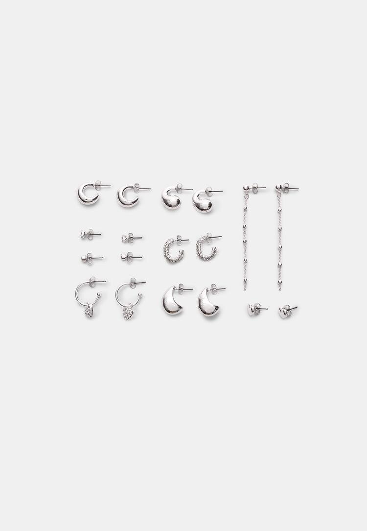 Stradivarius Set 9 Perechi Cercei Inimă Și Creole Gri Os