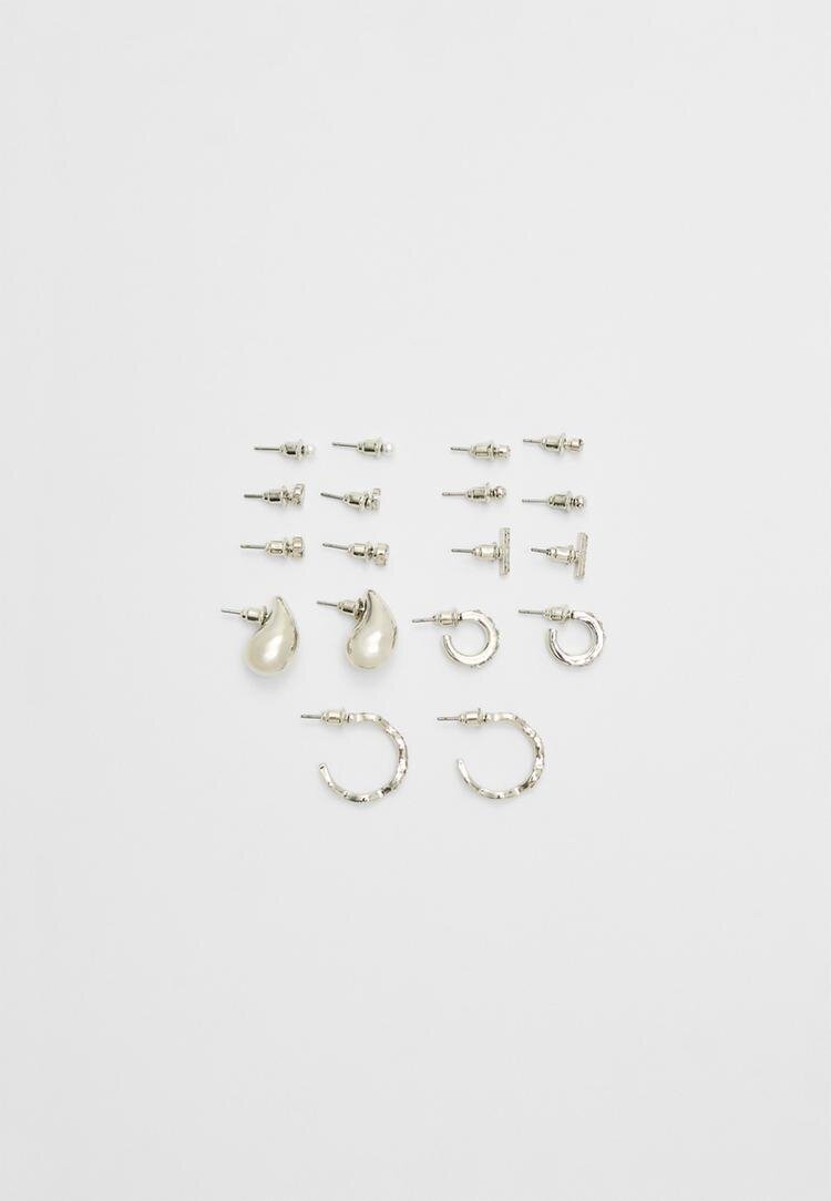 Stradivarius Set 9 Perechi Cercei Mini Picătură Gri Os