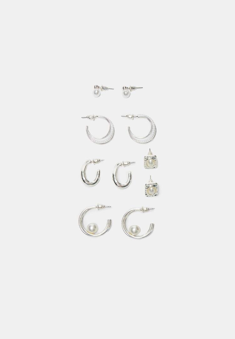 Stradivarius Set De 5 Cercei Multipack Cu Perlă Falsă Gri Os