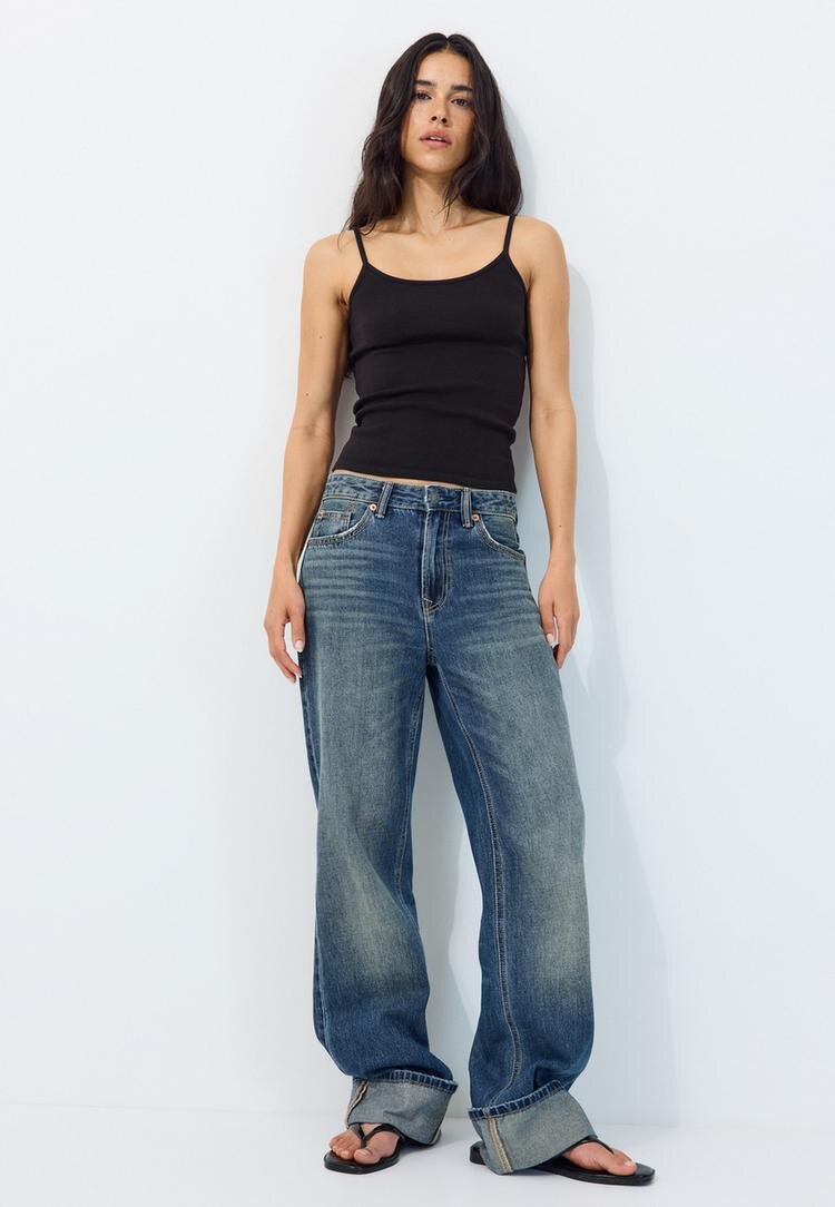 Stradivarius Top Cu Bretele Și Textură Reiată B07 Negru Xl