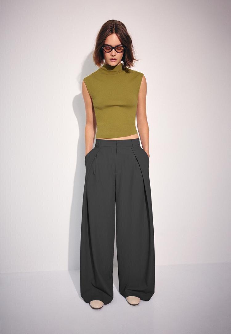 Stradivarius Top Din Tricot Cu Guler Cu Bandă Verde Măsliniu L