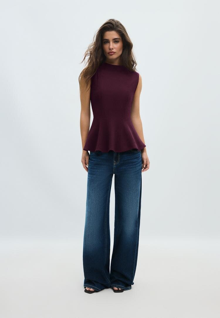 Stradivarius Top Fără Mâneci Cu Peplum Și Guler Înalt Purpuriu Xl